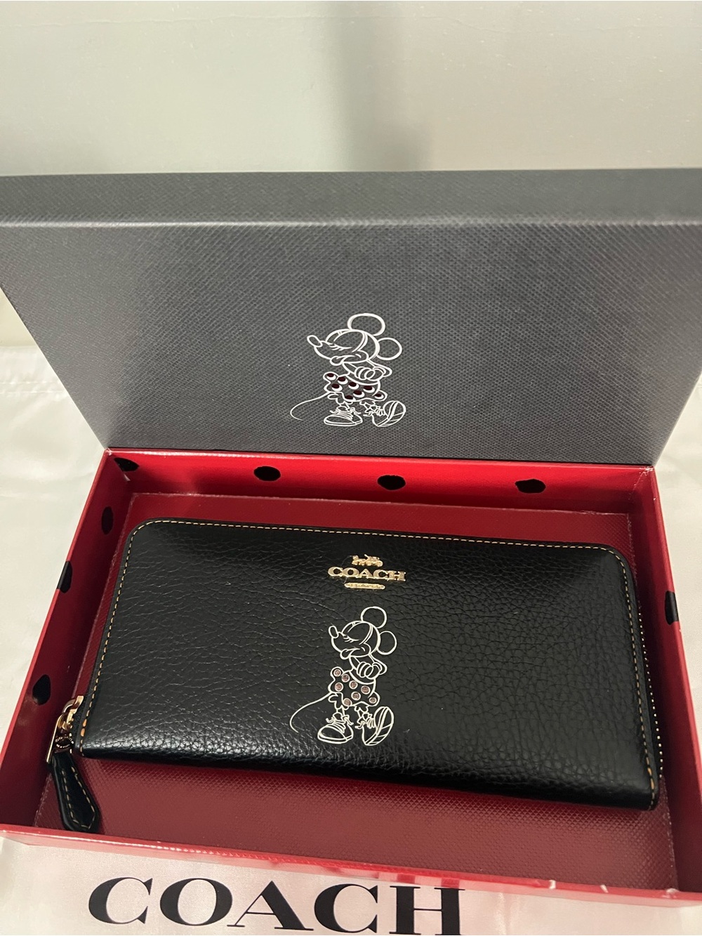 Coach Black Leather Zip Wallet with White Mickey Illustration